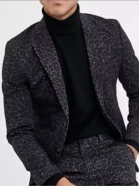 jf j.ferrar Charcoal Leopard Print Blazer XL 46/48 Slim Fit